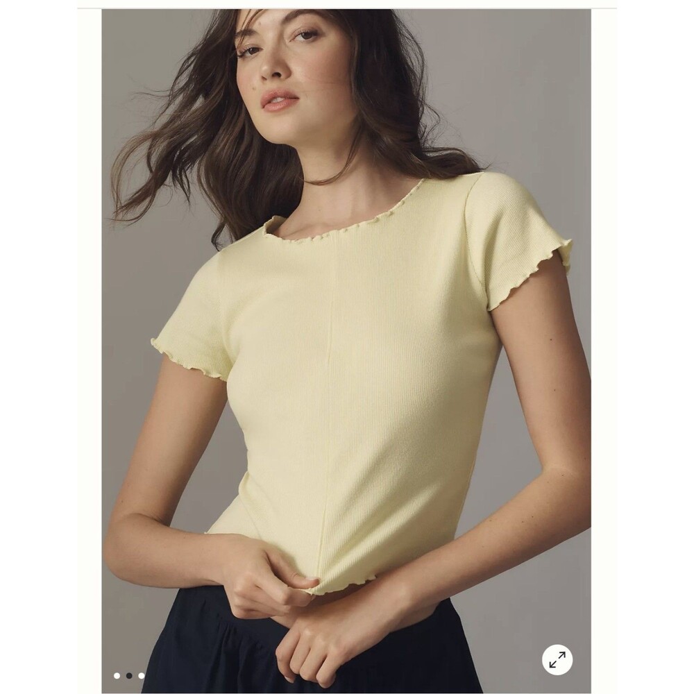 Pilcro Anthropologie Ruffle-Trim Baby Tee Butter Yellow Ribbed- Size XLarge